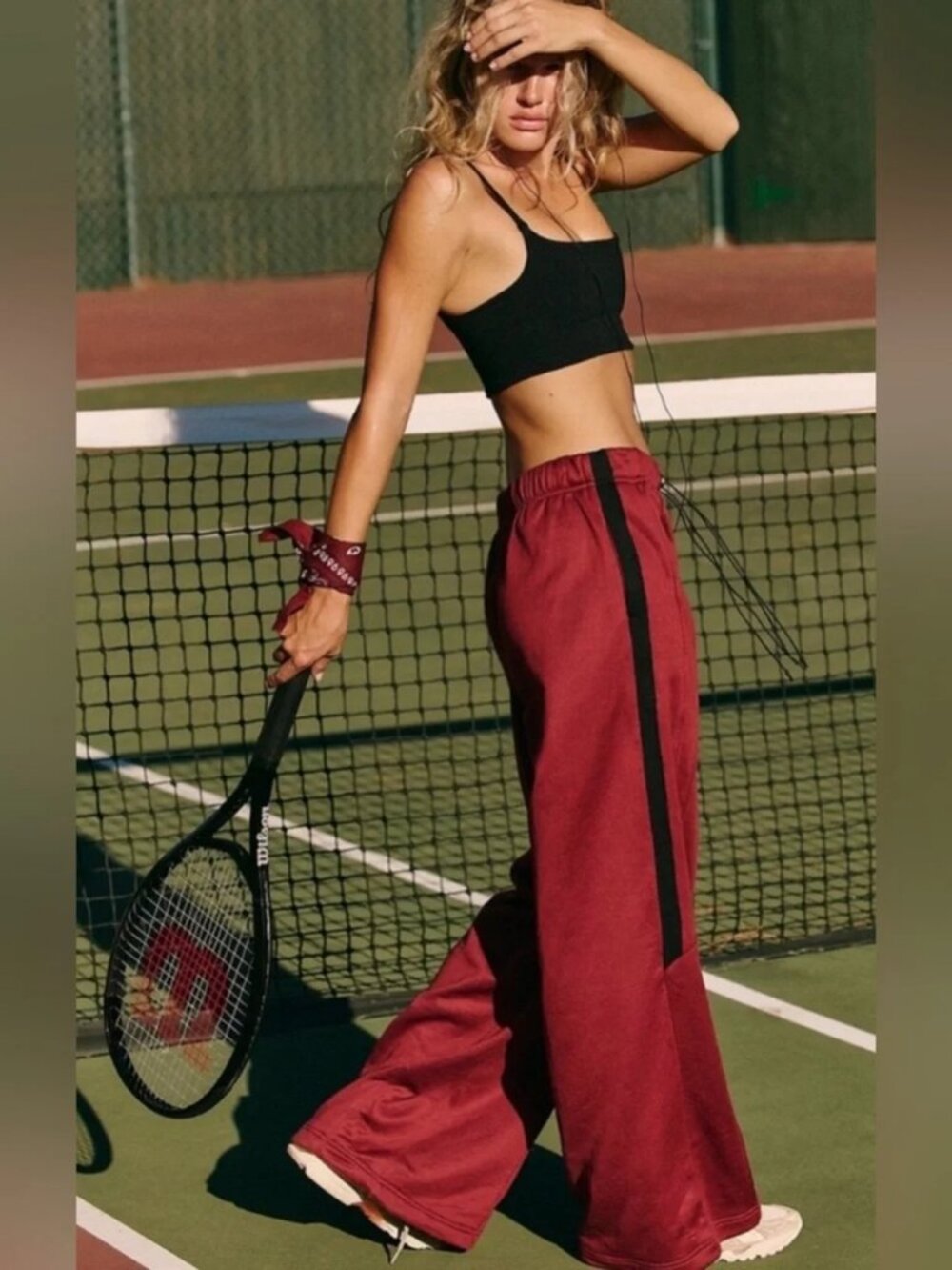 Free People Movement Fineline Wide Leg Sweatpants Sz XS Burgundy Black
